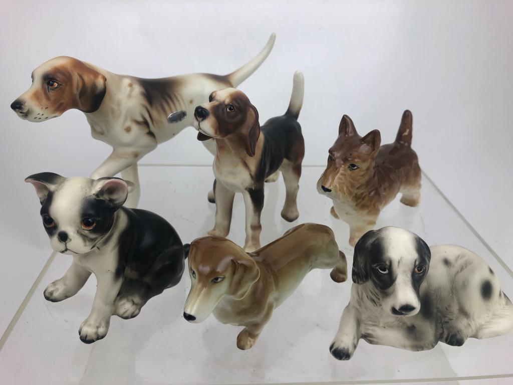 Lot of 6 Painted Porcelain Vintage Dogs: Who wouldn't want to own this adorable lot of painted porcelain dogs. Great gift for the dog lover. English Setter, Dachshund, Scotty, pug. Dalmatians & beagle ? All in great condition. Satin finish o