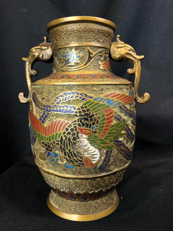 Antique Meiji Japanese Bronze Enamel Cloisonne Urn: Very Nice Antique Meiji Japanese Bronze Champleve Enamel Cloisonne Vase Urn with Lotus, Dragon and Bird Motif. Wonderful piece for Asian arts collector.