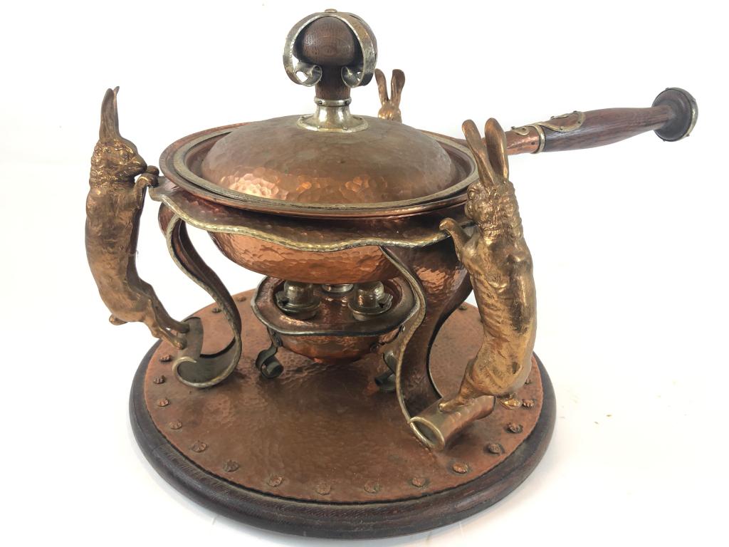 Fabulous Joseph Heinrich Copper Hare Chafing Dish: Circa 1900 exceptional hand wrought Joseph Heinrich's mixed metals Arts & Crafts Chafing Dish featuring fabulous 3-D cast copper hare rabbits decorate the chafing stand scroll legs. Meticulously handc