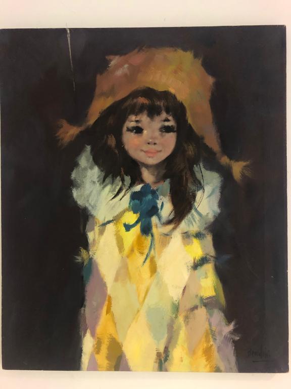 MCM Signed Oil Bendini "Girl in Yellow Harlequin": Bright & Colorful Mid Century Modern Vintage 1960's Cute & Kitschy Signed Bendini (Vasco Bendini, Italian Artist, b1922 - d 2015), Original Oil on Canvas Brown Eye Girl dressed in Harlequin Yellow Pri