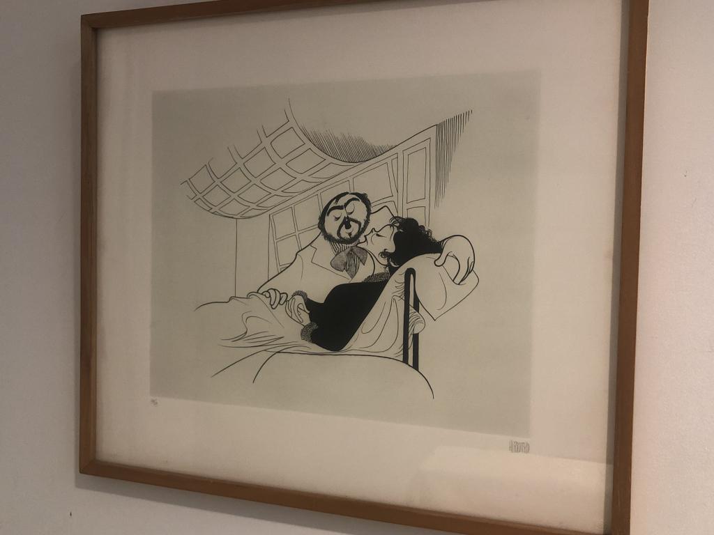 Al Hirschfeld Signed Etching "La Boheme" Pavarotti: Al Hirschfeld's "La Boheme", caricature "Luciano Pavarotti & Renata Scotto, hand signed by Al Hirschfeld (B. 1903 - d. 2003) . Limited Edition Etching 26/125. Measures: Framed size: 25-1/4 x 22-1/4 Si