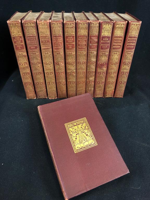 12 Vol. Set 1898 Complete Works of Robert Browning: Attractive Complete 12 Volume Book Set of Robert Browning 1898 Gilt Decorated Hardcovers published by Thomas Crowell Company, New York. In excellent condition. Each Volume measures approx. 4-1/4" x 6-