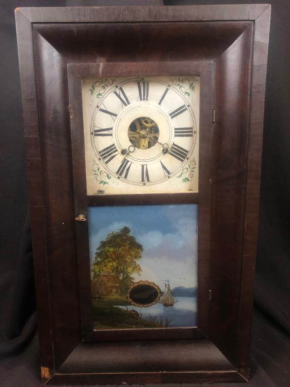 Pratt OG Painted 'Ship' Tablet Wall Clock: Pratt OG Time & Strike Reverse Painted 'Ship' Tablet Wall Clock with Papers and Painted face, Mahogany Case.