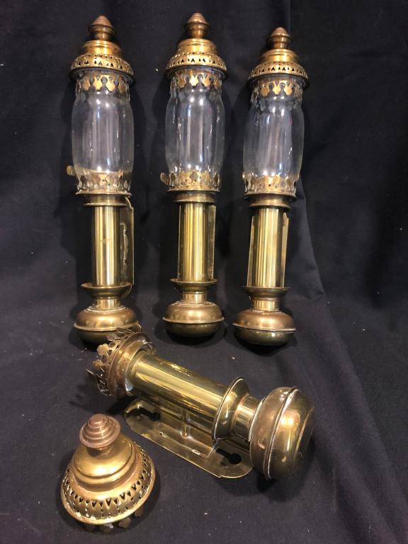 Four Brass English Railway Carriage Candle Holders: Four set of beautiful old English brass & glass train carriage compartment candle holders. Consisting of three parts: a holder, the glass and cap. Interesting design allowing a single candle to burn i