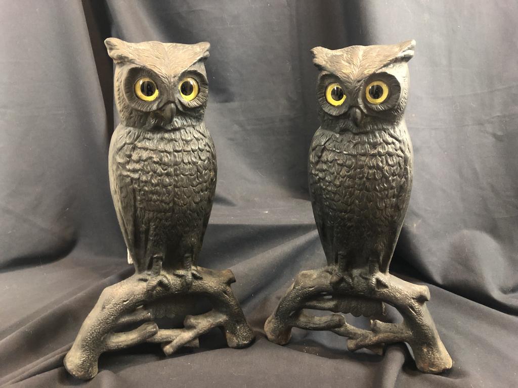 Cast Iron Owl Andirons w/ Glass Eyes, Circa 1900: Howes Foundry Cast Iron Owl form Andirons with glass eyes through which the fire glows. These date to turn of the century circa 1900. They are in pristine condition for age. Stamped with "3009 2 "Meas