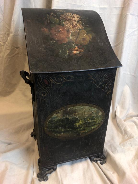 Victorian Tole Coal Scuttle w/ Decorartive Accents: Victorian Tole Coal Scuttle Metal Black with Decal and Handpainted. Four Wonderful Cast Iron Feet and Two Decorative handles. Square shape with curved top. Measures: 23-1/2" tall x 11" wide x 10-1/4 d