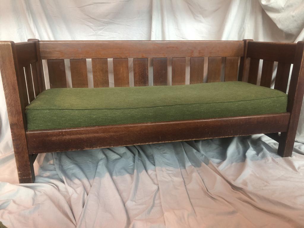 Antique Mission Arts & Crafts Sofa wGreen Cushions: An Antique Mission Even Arms Solid Oak Arts and Craft Sofa. This sofa is very sturdy & structurally sound. Removable green cushions also in great shape. Has 6 fitted cushions but may not want to use a