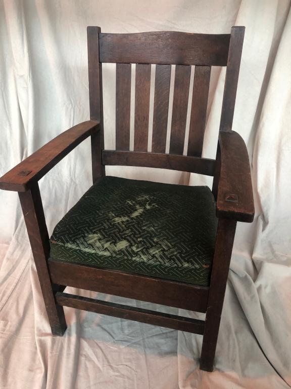 Antique Mission Arts & Crafts Oak Arm Chair: Mission Oak Arts & Crafts Oak Chair. In excellent condition & sturdy for age. 26"W x 22"D x39-1/2" H. Stickley?