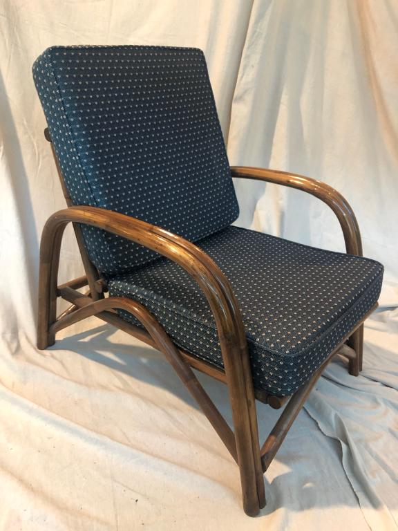 MCM Bamboo Chair w/ Blue Upholstery (1 of 2): A wonderful Bamboo/Rattan Curved Arm Chair. Nicely upholstered in a subtle blue heavy duty fabric. Cushions are in great condition. Well constructed & Sturdy. Measures: 26" wide x 34" high x 26" deep 