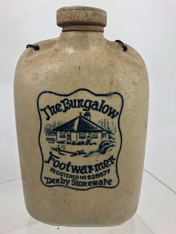 Rare 1920's Denby Stoneware Foot Warmer w/ Adv.: This rare 1920's Denby Stoneware Foot warmer has under-glaze transferred advertising on the front " Bungalow" and a stoneware stopper." Denby Potteries" very well known . In excellent condition. Measu