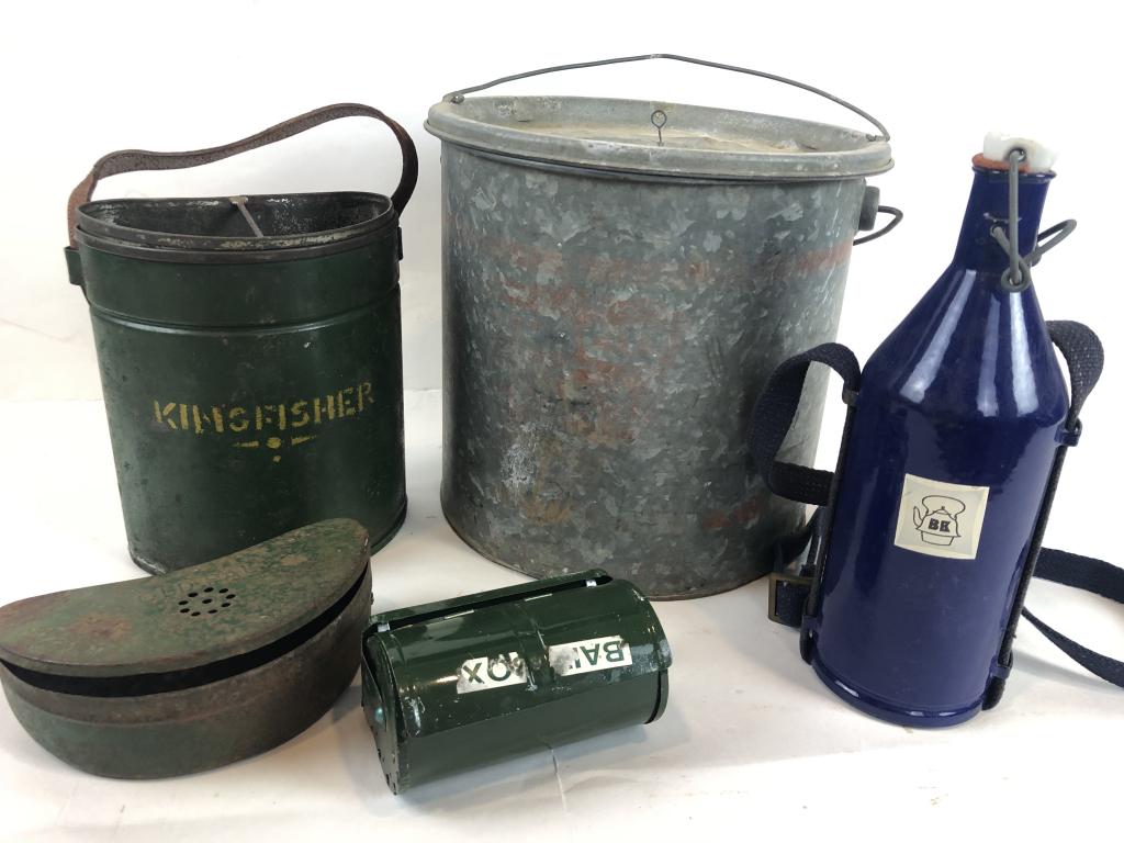 Fishing Lot w/ Vintage Bait Buckets & BK Flask: 1) Vintage 1950's Old Pal Metal Belt Bait Box -Fly Fishing Gear in original green paint. 2) Kingfisher original green over the shoulder portable Bait Bucket with screen insert, 3) Galvanized Metal Min