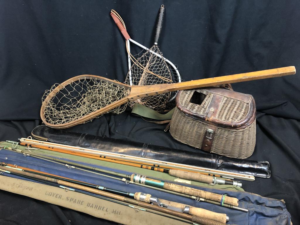 Lot of Vintage Fishing Nets, Poles & Wicker Creel: If Fly Fishing is your passion this lot is for you. Rods include a split bamboo in excellent condition & a vintage wicker and leather fishing creel basket. The nets are in good condition as well. Don'