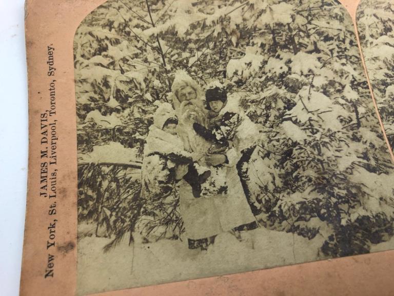 1888 Stereoview Card "Santa Claus/Wanderers Found": "Little Wanderers Found" by Santa Claus. James M Davis. Copyright 1888 by B.W.Kilburn , Littleon, NH