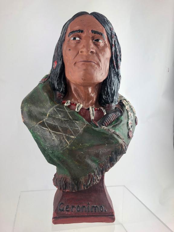 Antique Geronimo Cigar Store Indian Chalkware Bust: Amazing Antique 1901 "Geronimo" Cigar Store Indian Signed Chalkware Plaster Bust. The Baily Co. Signed on back Sam Lord Wise 17-1/2" x 12" Weighs 9 lbs. Stunning Handsome and rare figure. Excellent co