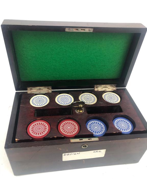 175+Clay Poker "Wheel" Chips in Mahogany Chest: Approx. 175+ clay red, white & blue vintage poker chips with a "Wheel" emblem in a wonderful Mahogany 8 row caddy housed in a mahogany attractive quality sturdy chest. Two playing card holders in rack