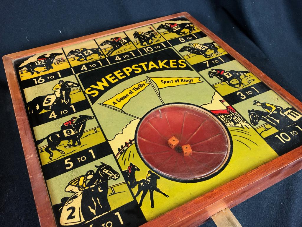 Rare Haras Mfg Horse Racing Countertop Game: Rare and Original Haras Mfg. Co. NY, NY 1930's-1940's Sweepstakes Horse Racing Countertop Gambling Game with original small dice. Reads "A Game of Thrills - Sport of Kings". The game measures approx..
