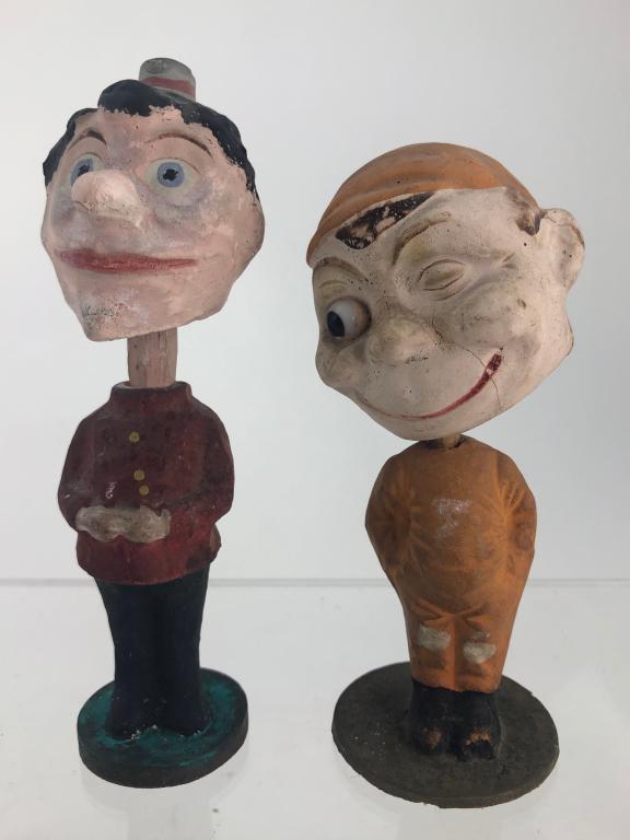 2 Rare Antique Paper Mache Nodder Bobble Heads: 2 Rare Antique Paper Mache Nodder Bobble Heads. Bellhop (wired) & Brownie (spring) Nodder Bobble Head figures with heads that move up and down. They were made beginning in the 18th Century and continu