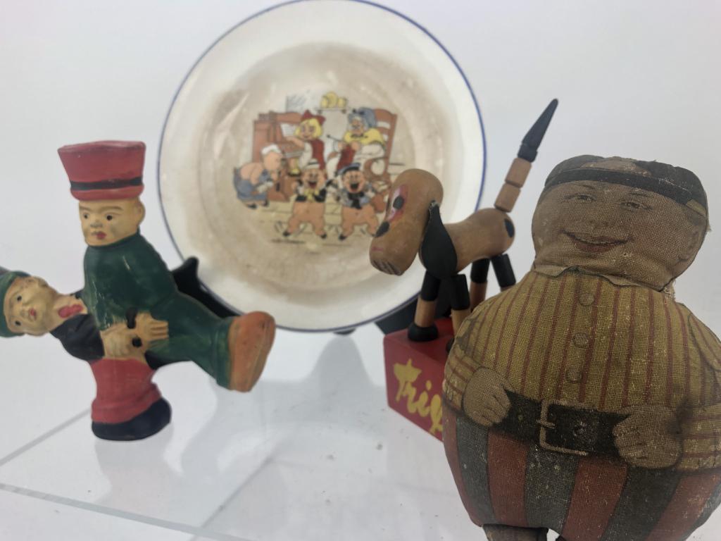 Lot of 4 Rare Vintage 1940-60s Child Toy Items: Rare Vintage 1969 Walt Disney 7" Plate with the Three Little Pigs Dancing, A 5" Rubber Vintage Tumble Toy 'Made in Japan', Very Early and Rare Wonderful Antique Litho Stuffed Character Possibly Tweedl