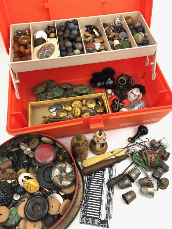 Vintage Buttons, Thimbles & Sewing Lot: Vintage Buttons, Thimbles, Sewing Instruments and ENCO No.5 Wooden Sewing Kit..