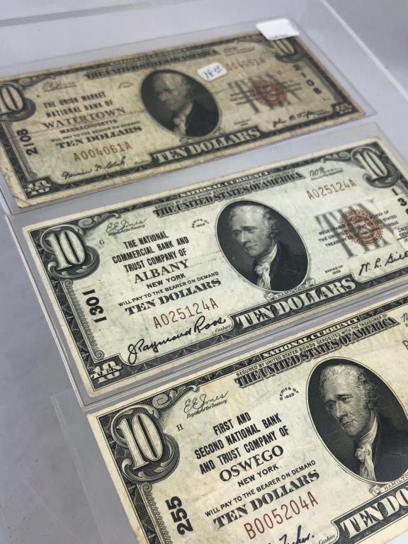 3 $10. Charter National Currency 1929: 3 $10. Charter National Currency 1929: 1) The Union Market National Bank of WATERTOWN, MA #2108 - VG, 2) The National Commerical Bank and Trust Company of ALBANY, NY #1301 - VF, 3) First and Second Na