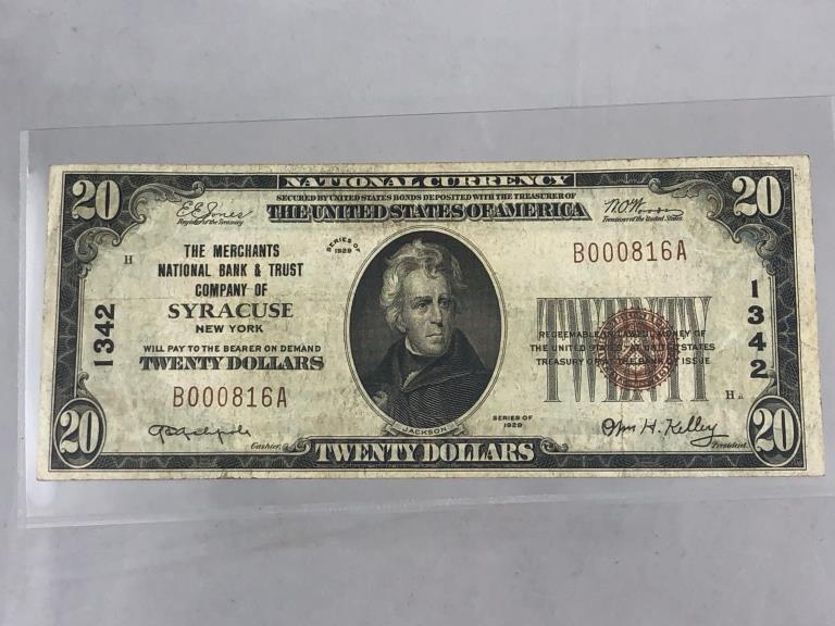1 $20. Charter National Currency 1929: 1 $20. Charter National Currency 1929: The Merchants National bank and Trust Company of SYRACUSE, NY #1342 - VF.