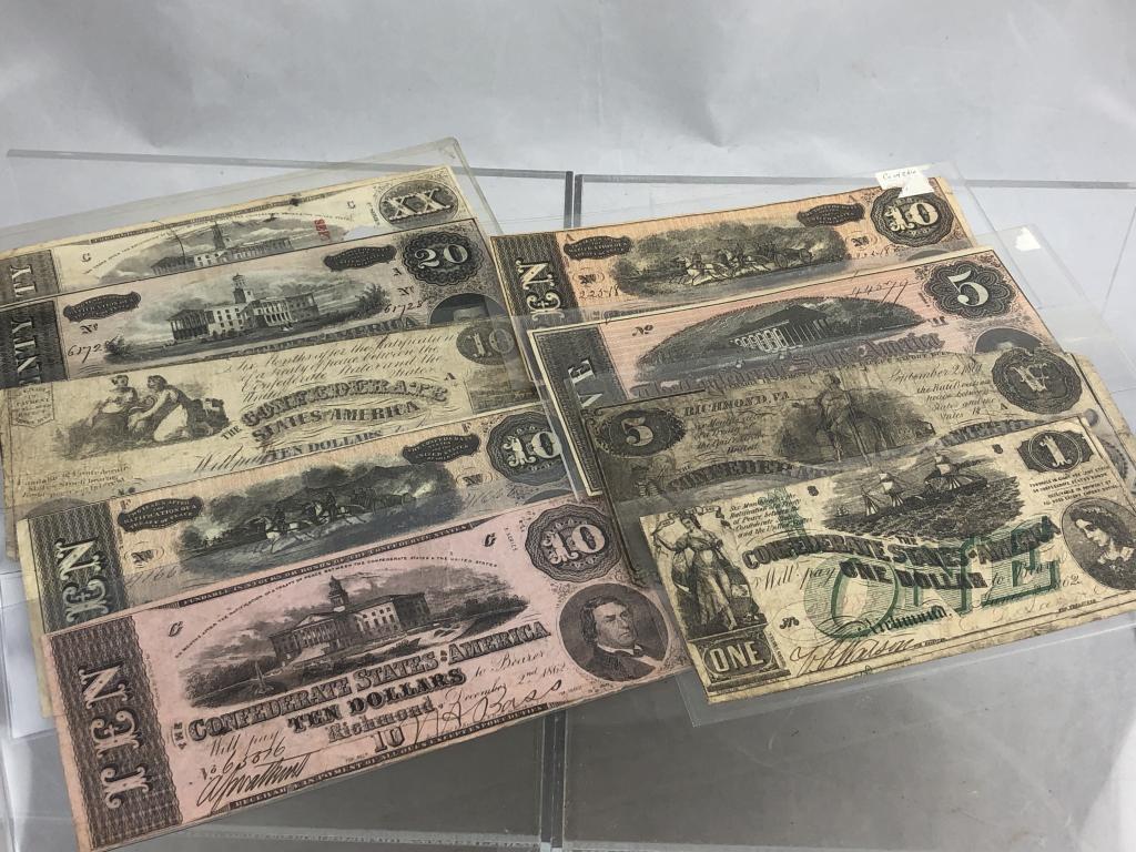 9 Mixed Confederate States of America Note: 9 Mixed Confederate States of America Note: (1) one dollar, (2) five dollars, (40 ten dollars, (2) twenty dollars – good to fine (3 notes are punched canceled)