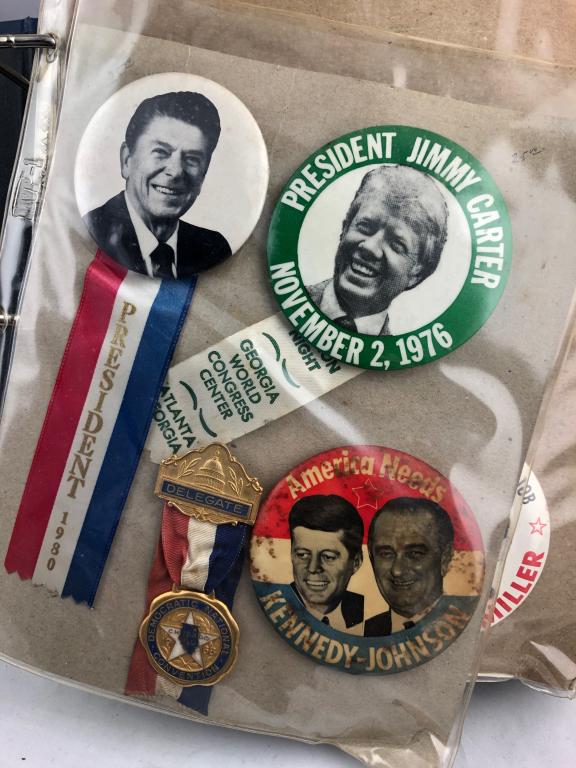 Lg. Lot Political Buttons & Ribbons 200+ pcs: Fabulous Large Binder lot with over 200+ Political Pin Back Buttons and Ribbons. Includes: Bush, Perot, Young, Carey, Hanley, Michaels, Lowenstein, Goldwater/Miller, Keating, Rockefeller Regan, Kenned