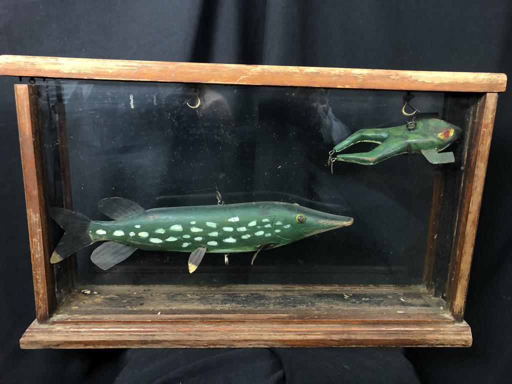 Antique Wooden Diarama Fishing Box Fish & Frog: Antique Wooden Diarama Fishing Scene with Large Fish Lure and Frog.. What a great gift !