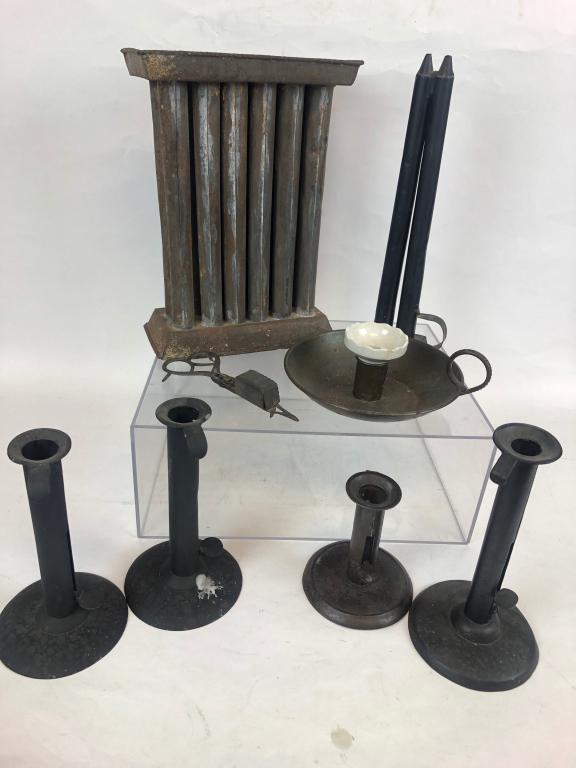 8 pc. Lot Primitive Candle Molds, Push Up Sticks &: Lg Lot of Primitive Candle Molds (one 12 mold & one double mold), 4 Push up candle Sticks, One finger hold candle stick with porcelain collar, antique candle wick cutter snuffer.
