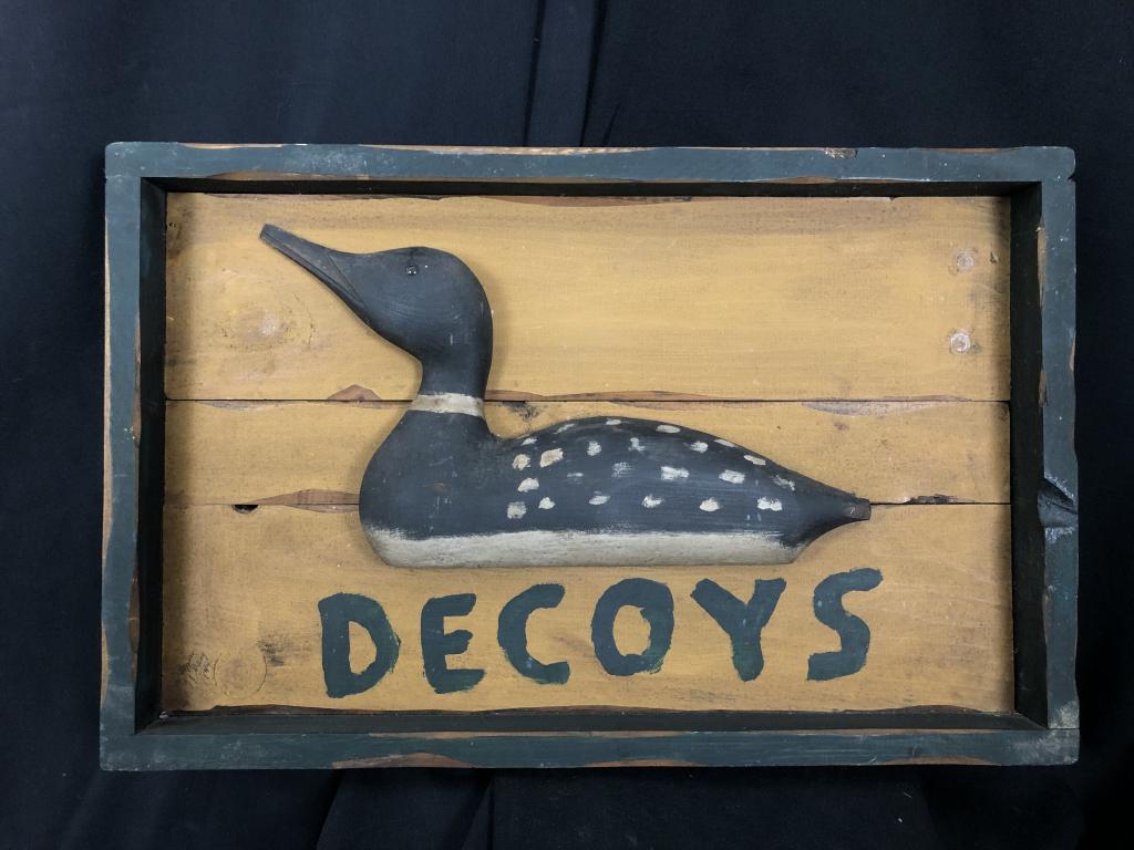 Unique Primitive Antique "Decoy" Sign Handcarved: Unique Primitive Antique "Decoy" Sign with HandCarved and Handpainted Wooden Decoy Mounted on Pine Board background and Framed out in Hunter Green Box Frame. Very cool piece for the right decor or man