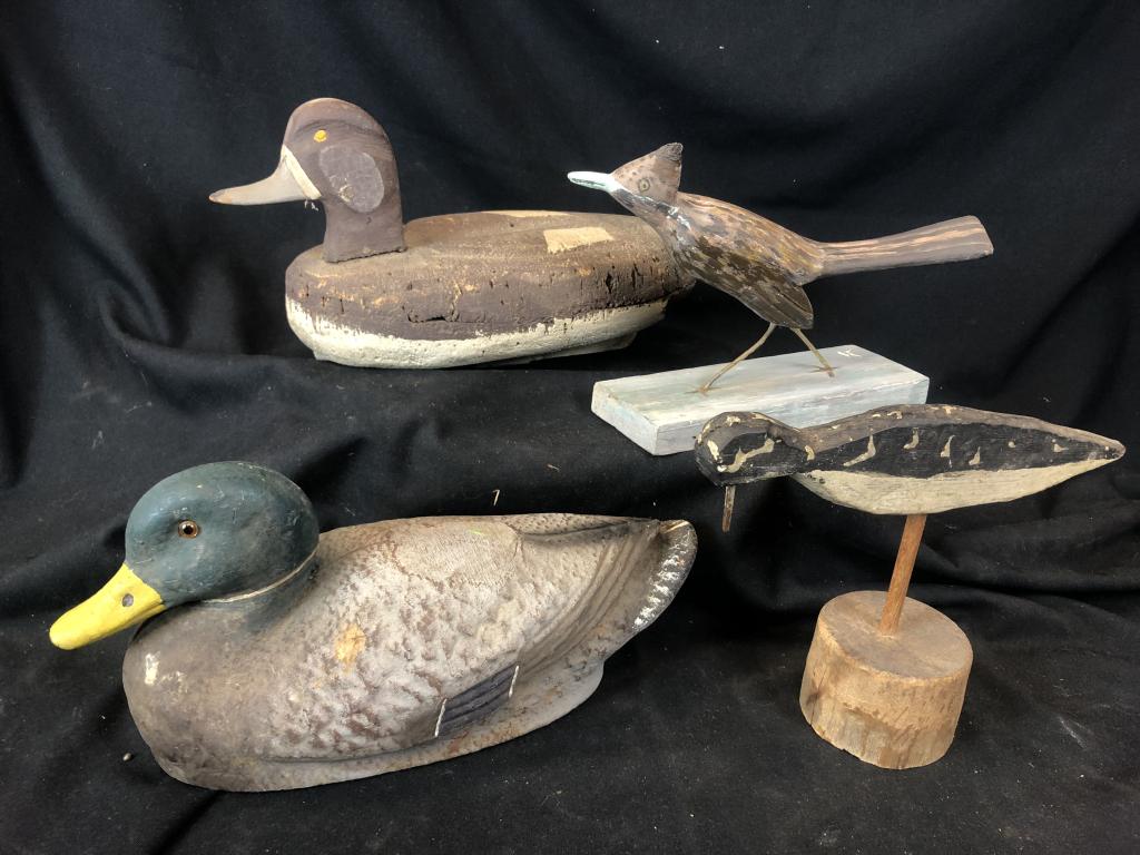 Primitive Decoys & Carved Shore Birds: This lot includes 4 wildlife birds. 2 Decoys and 2 handcarved shore birds. 1) Cork Decoy, 2) Life like Paper Mache Sears Mallard Drake Duck decoy, 3) Handcarved road runner shore bird 4) primitive bla