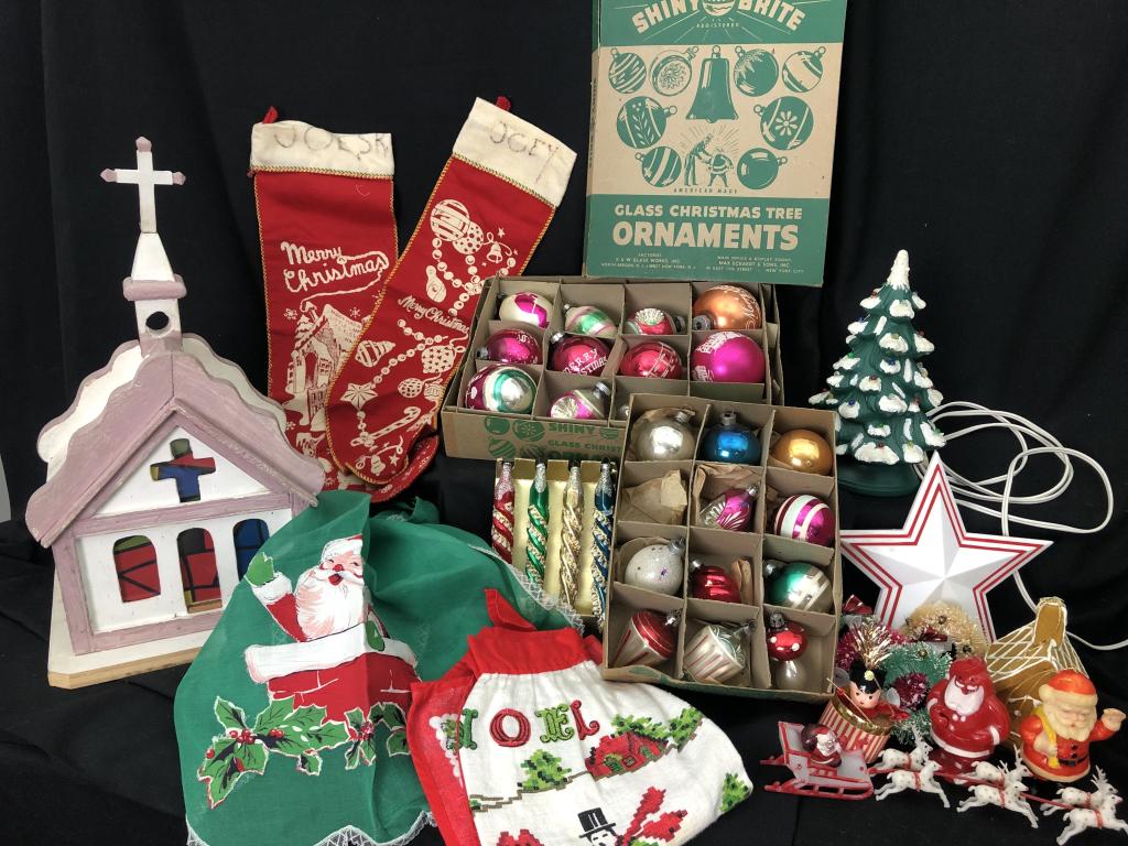Mid Century Christmas Memories: 20+ Glass Christmas Ornaments, 2 Vintage Felt Stockings, 4 mini brush wreath, Ceramic Holland Mold Lighted Christmas Tree, 2 Vintage Holiday Aprons, Handmade Wooden Church plus more!
