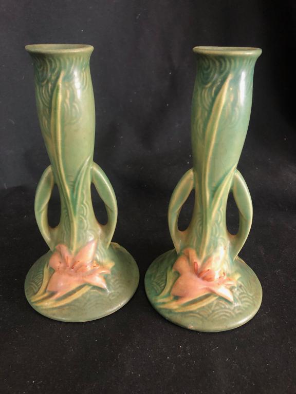 Pr. Roseville Pottery Zephyr Lilly Bud Vases (1 of 17)