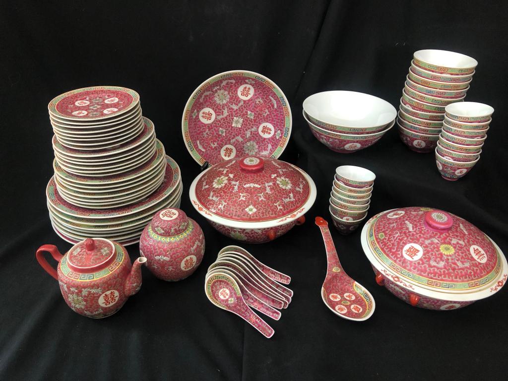 65+pc Vintage Red Famille Rose Longevity China (1 of 20)