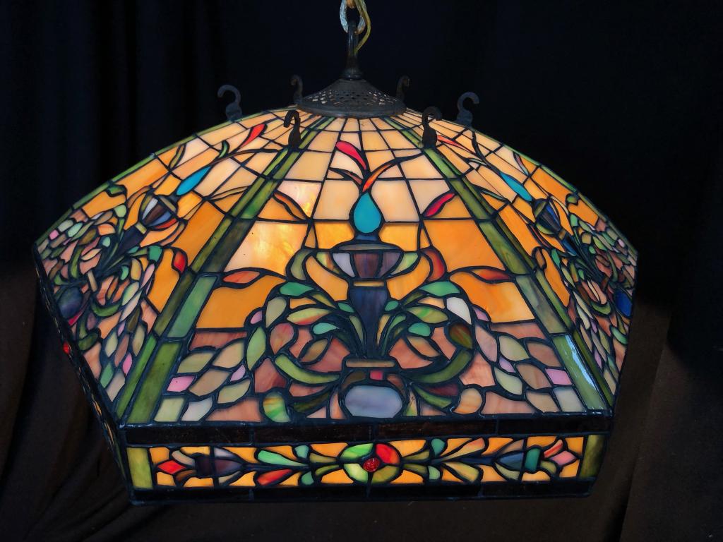 Leaded 6 Panel Stained Glass Hanging Chandelier (1 of 20)