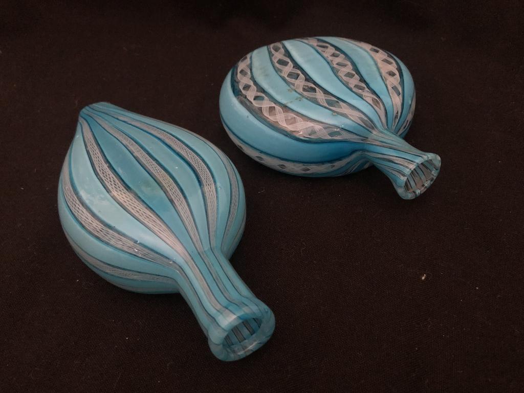 2 Small Sea Blue & White Latticino Nailsea Flasks: Very nice condition. 1). Ovid Shape Lattice & Swirl 6" x 2-1/2" 2). Pumpkin Shape 4-1/4" x 3-1/2"