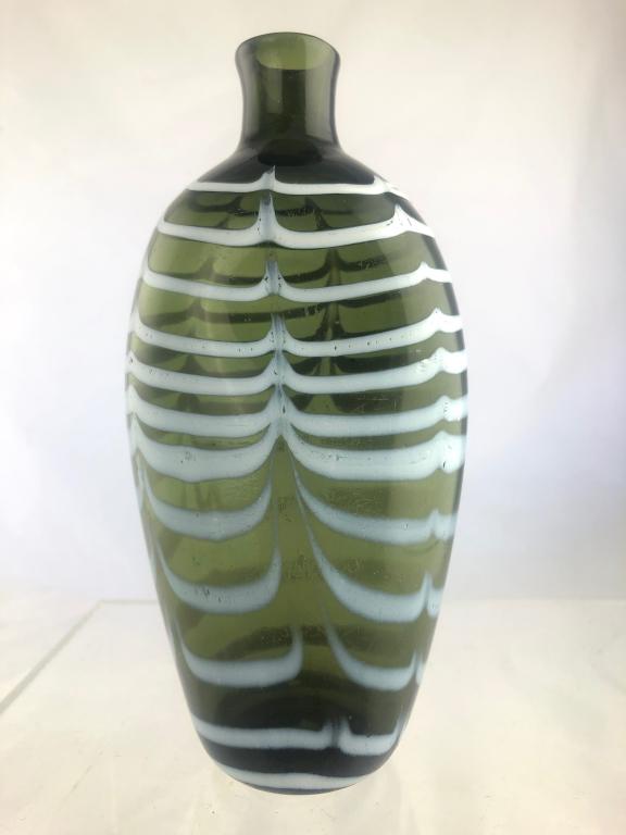 Olive Nailsea White Pulled Feathered Strripe Flask: Rare Olive Nailsea with White Pulled Feathered Stripe Flask Vase, with indented thumb rest. on both sides for easy carry. Measures: 7-1/2" x 3-3/4" Rough snapped pontil