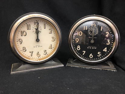 Pr. of Black & White Big Ben Westclox Alarm Clocks: Pair of Big Ben Westclox Alarm Clocks. One with a Black Dial face, and one with a White Dial Face. Measures: 5-1/2" tall x 5" wide.