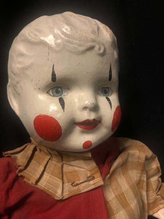 Early Edwardian 1920's American Doll Co. 25" Clown: Wonderful Early Edwardian 1920's American Doll Co. 25" Tall Clown. Composite head and arms, fabric body and feet. Looks to have original clothing. Very nice for age.