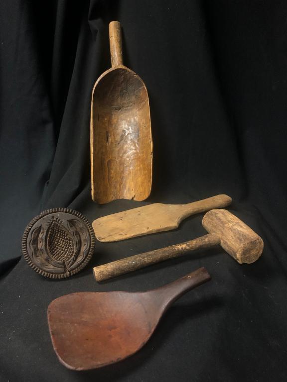 Lot of 5 Primitive Wooden Kitchen Utensils (1 of 10)