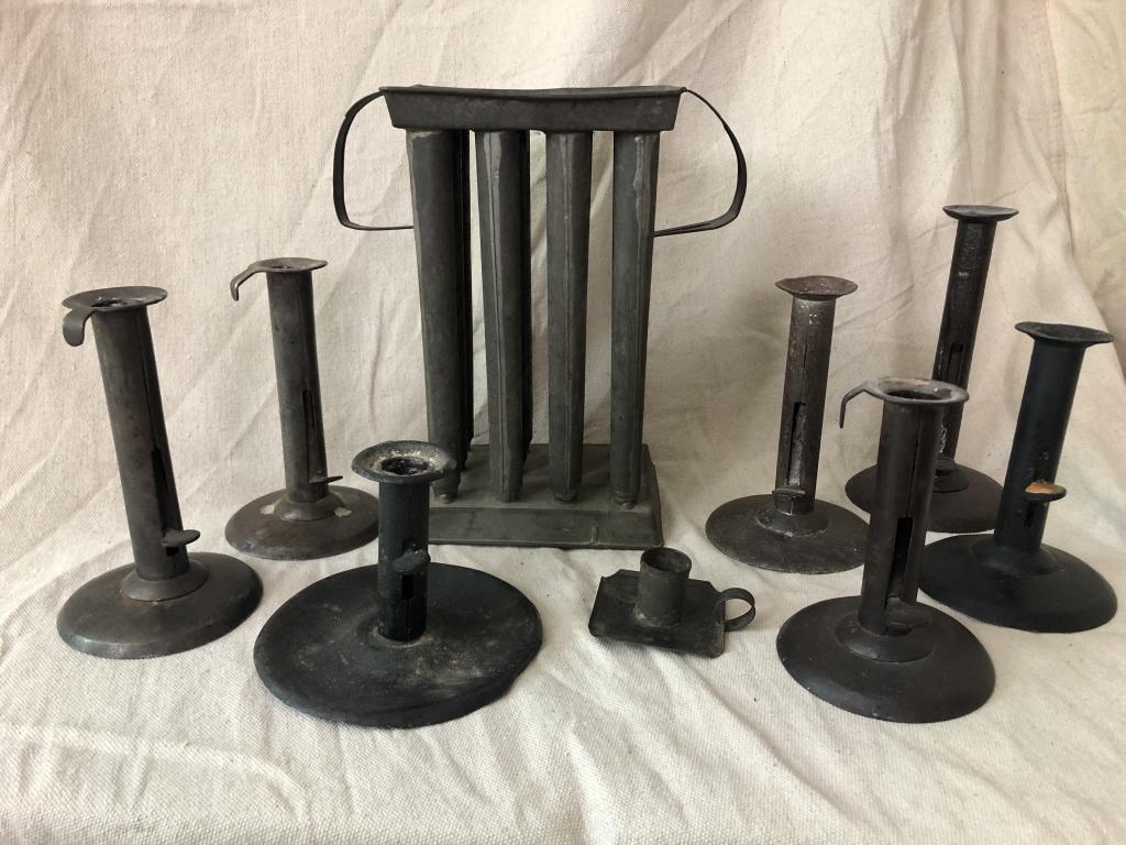 Lot of Early Tin Push Up Candlesticks & Mold (1 of 10)