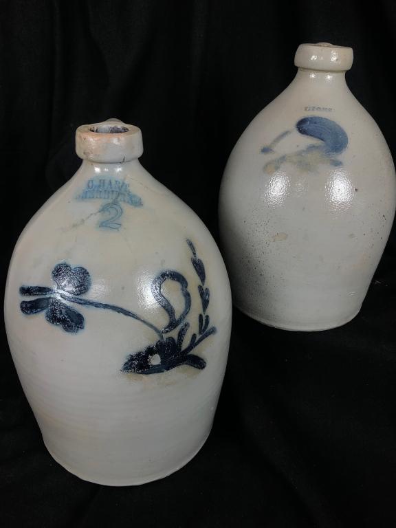 Lot of 2 Stoneware Jugs w/ Cobalt Blue Design (1 of 20)
