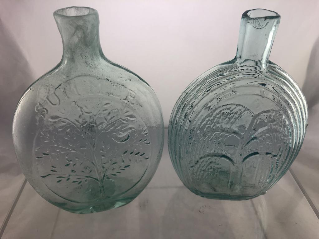 2 Pint Tree Historic Flasks GX-1, GX-15: Two Pint Tree Historic Flasks include: 1) GX-1 Comparatively Scarce, Stag with Long Antlers facing right "Good Game" / Weeping Willow Tree, Aqua, Vertical Ribbing, Plain Lip, P