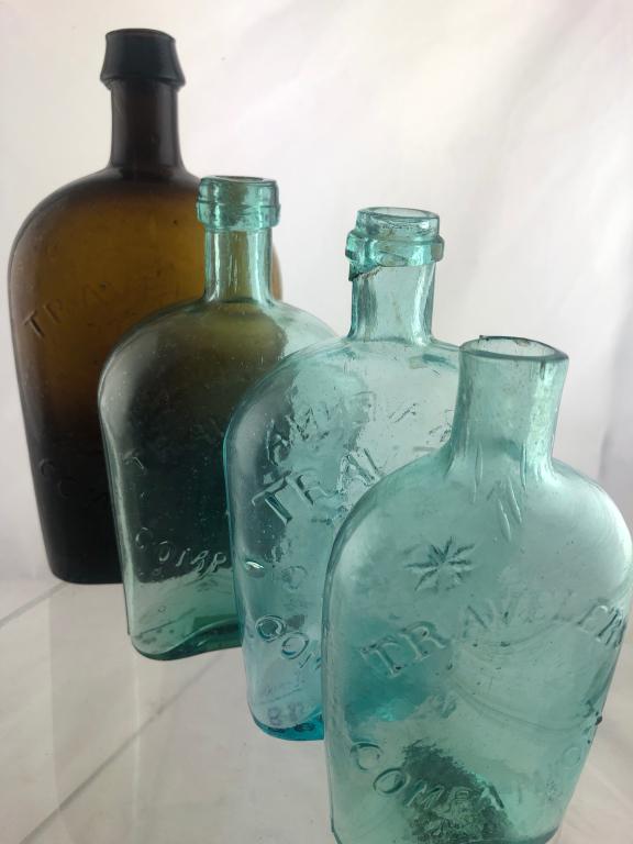 4 Travelers Companion Historic Flasks GXIV-7,4,3,1: Four "Traveler's Companion Historic Flasks including 1) GXIV-7 Scarce, Half Pint, Aqua blue green with Bubbles and swirls, wonderful! , Reverse 8 Pointed Star, Plain Lip, Ponti