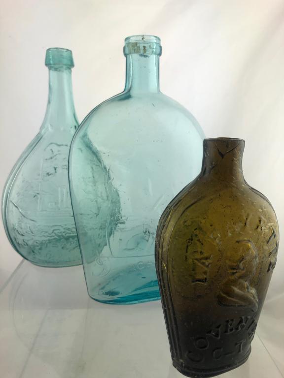 3 Var.Size/Shape Historic Military Flasks GI&GII: 3 Various Sized & Shaped Historic Military Flasks including: 1) GI-86 Comparatively Scarce, Half Pint, Olive Amber, Lafayette profile facing right "Lafayette" noted corre