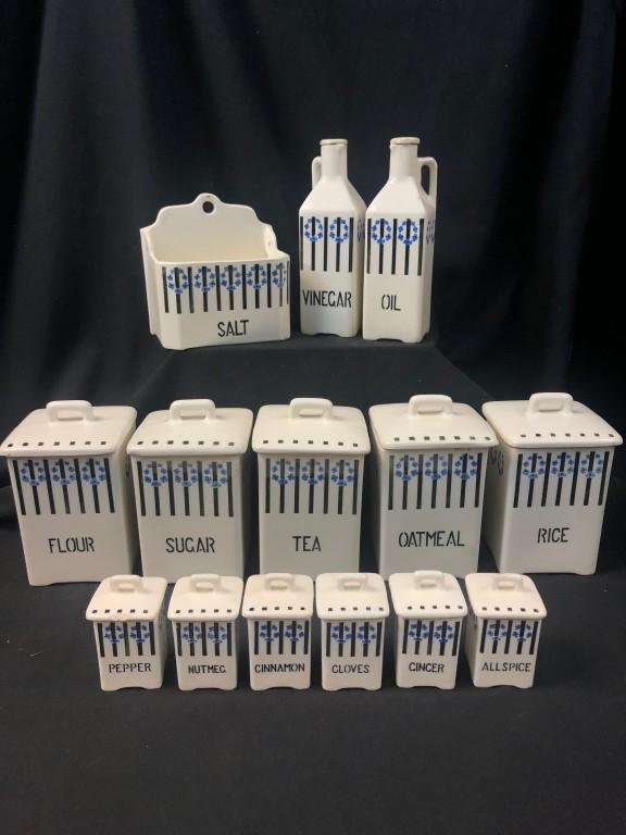 14 pc. Vintage Czech Ditmar Urbach Cansister set: Ditmar Urbach vintage retro Canister Set made in Czechoslovakia. Blue floral & Black Vertical Design 14 Piece Kitchen Canister Spice Set. 5 Large (7-1/4") Canisters for Flour, Sugar, Tea, Rice & Oatme
