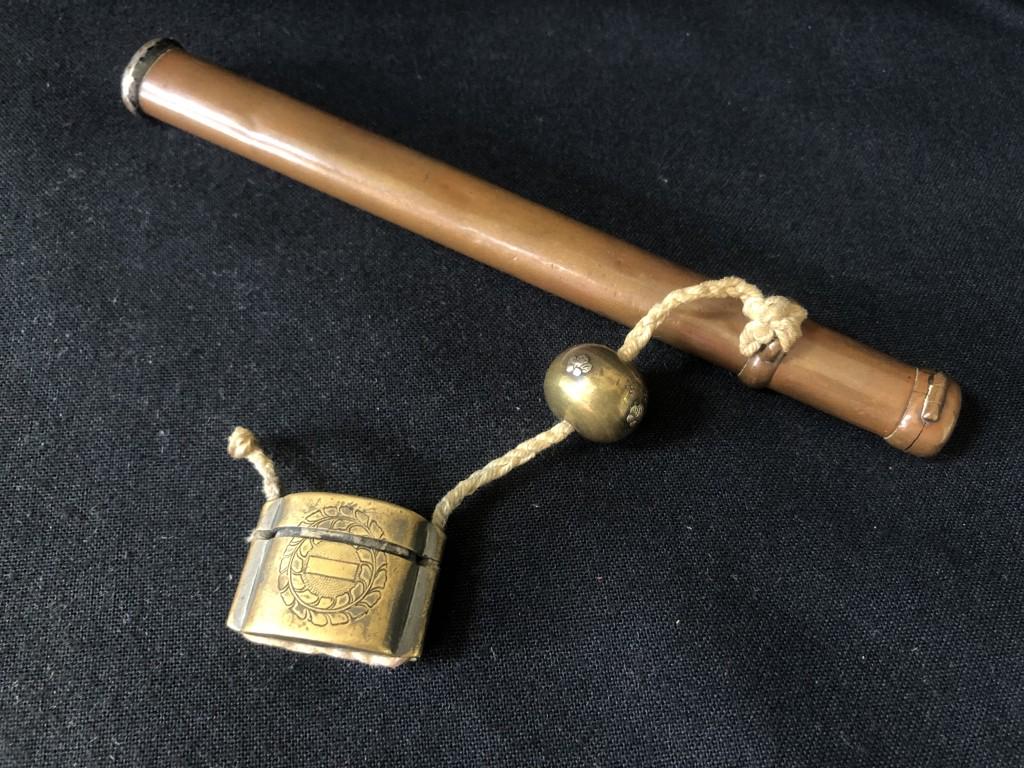Japanese Yatate Writing Holder & Brass Ink c1900: Very simple but functional Yatate, portable copper writing holder with brass ink holder. The set consists of a compartment for ink and a long hollow tube for the brush. The tube could be simply stuck 