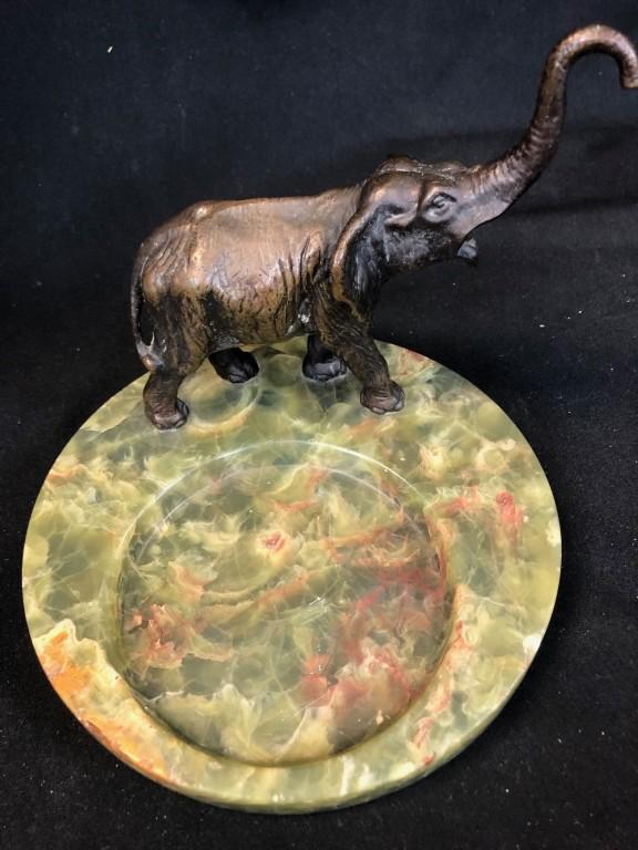 Art Deco Green Onyx Bronze Elephant Deco Dish Tray: Art Deco Tray with Green Onyx base and Bronze Elephant. Base can be used for holding coins, trinket, jewelry as it has recessed tray. Base measures: 8-1/8" in diameter x 7" tall.
