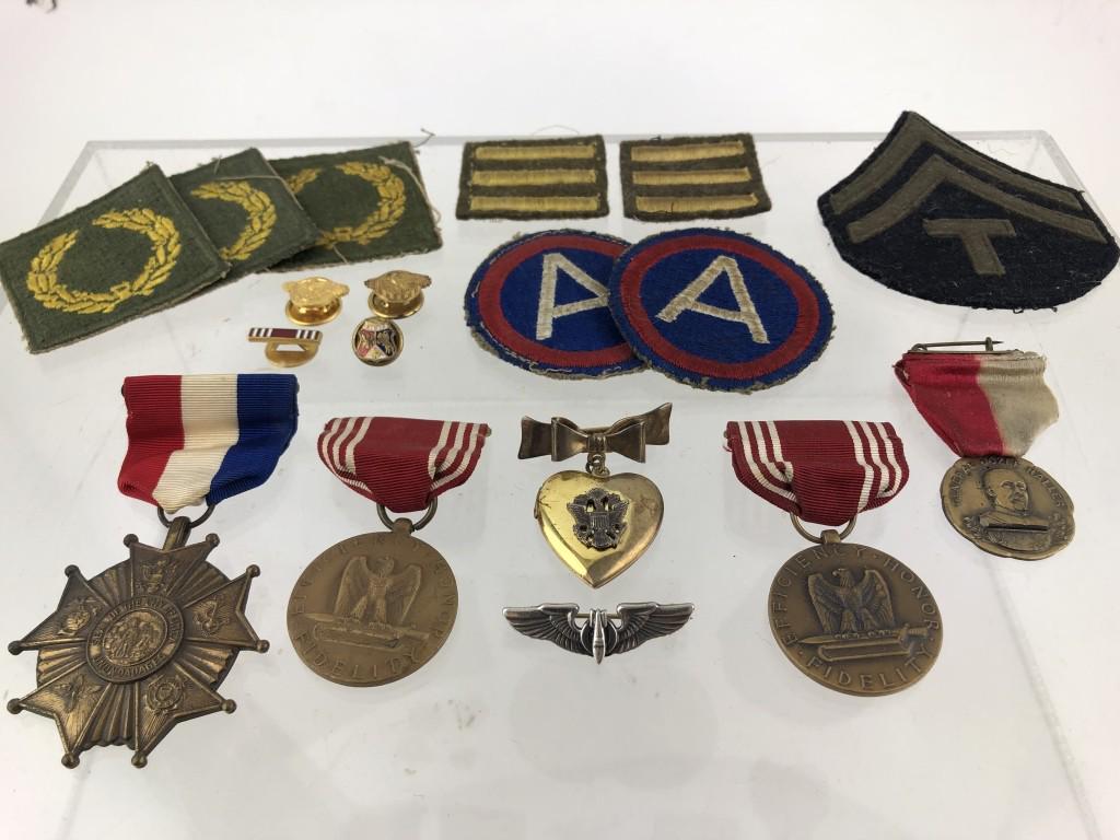 Lot of WWII Metals, Patches- AirForce,Navy, Army: Includes: 1) WWII Sterling (.38 Troy Oz) Eagle Locket Sweetheart Pin 1-1/2" x 1-3/4" 2) WWII US Military Army Bomber Aircrew Coin Silver (.130 Troy Oz) Pilot Wings 1-1/2" 3) Two WWII Good Conduct Meda