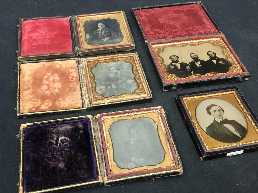 Lot of 5 Victorian Daguerreotypes/ Ambrotypes?: Lot of Five antique Victorian mid-1800s framed portraits of three females, a man, and a picture of three men-- one appearing to be enjoying a beer. Measures: Four 3.25" x 3.75" and one 3.75" x 4.75". 